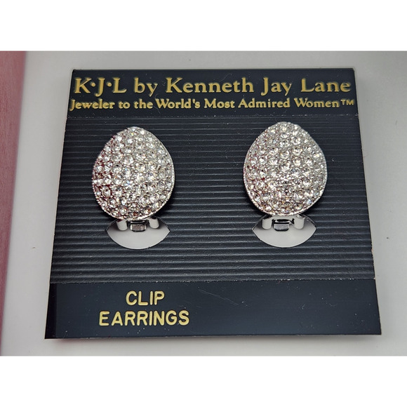 VINTAGE KENNETH JAY LANE COUTURE Silver Tone CRYSTAL CLIP on EARRINGS - Picture 2 of 7